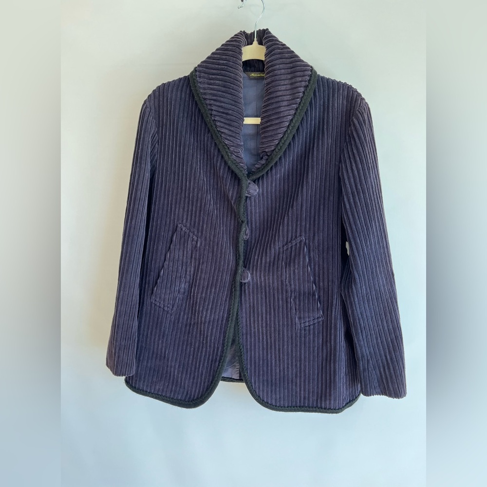 VINTAGE 90s Romeo Gigli Navy and Green Button Down Corduroy Coat Made in Italy